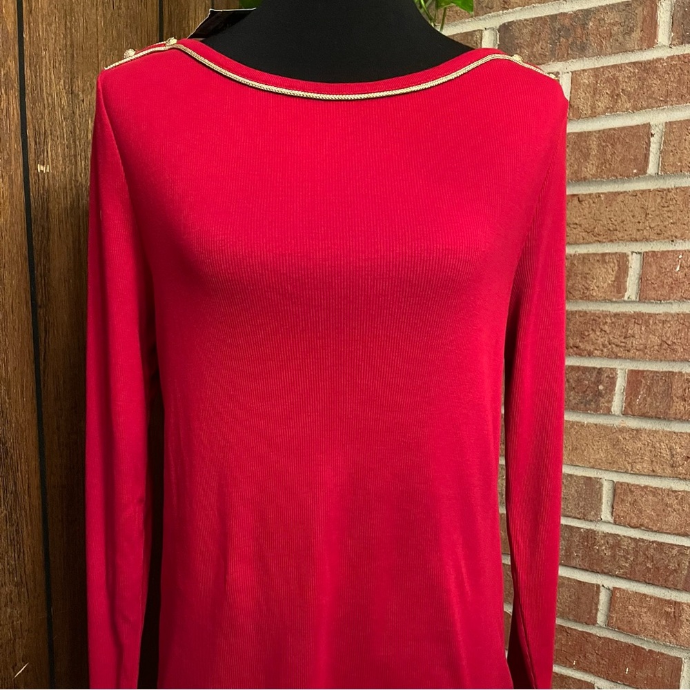 Lauren Ralph Lauren Women XL Red Gold Buttons Knit Ribbed Long Sleeve Shirt NWT